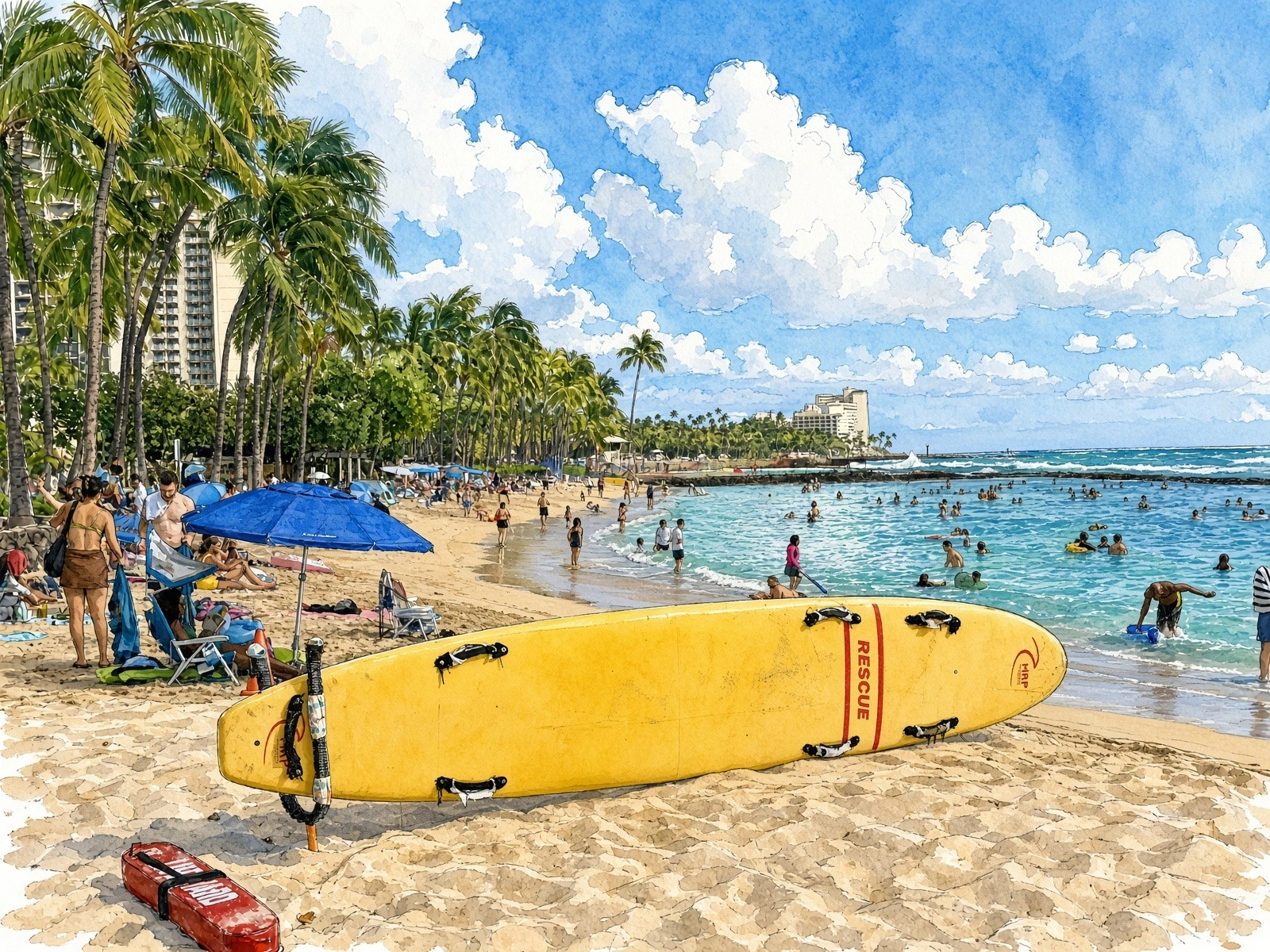 夏のビーチと黄色いレスキューボード — 撮影写真をもとにAIで水彩画調へ再構成